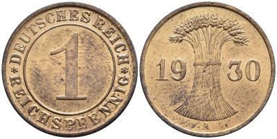 ГЕРМАНИЯ 1 РЕЙХСПФЕННИГ 1930 A KM 37, J. 313, Weege 2 бронза 4547-147