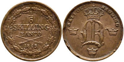 Швеция 1/6 скиллинга 1849 Оскар I (1844-1859) KM 656 медь 1530-523