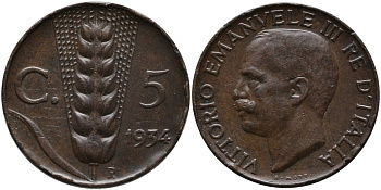 ИТАЛИЯ 5 ЧЕНТЕЗИМО 1934 R, ВИКТОР ИМАНУИЛ KM 59 медь 73-113