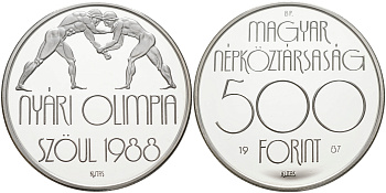 Венгрия 500 форинтов 1987 ВР, XXIV летние Олимпийские игры в Сеуле 1988 года, борьба KM 660 серебро PROOF 11-145-32