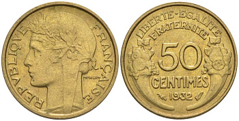 ФРАНЦИЯ 50 САНТИМОВ 1932 ТИП MORLON, OPEN 9, С ЯГОДОЙ KM 894.1, LE FRANC 192.7 алюминиевая бронза 44-726