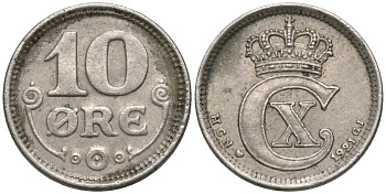 ДАНИЯ 10 ЭРЕ 1921 HCN; GJ, КРИСТИАН X (1912-1947) KM 818.2а медно-никель 4549-1166