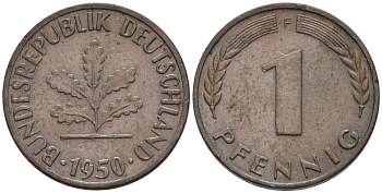 ФРГ 1 ПФЕННИГ 1950 F KM 105, J.380 сталь плакированная медью 75-412
