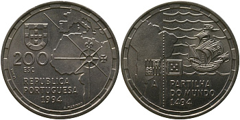 Португалия 200 эскудо 1994 INCM, 500 лет с момента разделения зон влияния между Португалией и Испанией KM 672 медно-никель aUNC 00-00