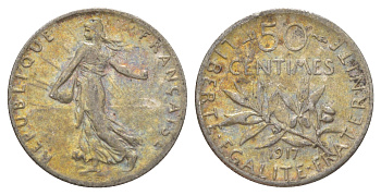 Франция 50 сантимов 1917 KM 854 серебро 4623-1166