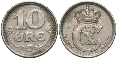 ДАНИЯ 10 ЭРЕ 1921 HCN; GJ, КРИСТИАН X (1912-1947) KM 818.2а медно-никель 4549-1166