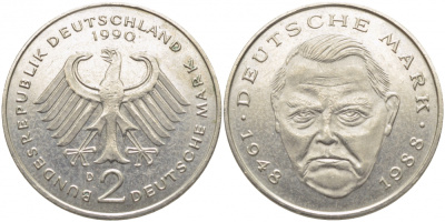 ФРГ 2 МАРКИ 1990 D ЛЮДВИГ ЭРХАРД J. 445, KM 170 медно-никель плакированный никелем 3856-317
