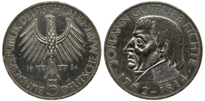 ФРГ 5 марок 1964 J, 150 лет со дня смерти Иоганна Готлиба Фихте J. 393, KM 118.1 серебро 413-1813