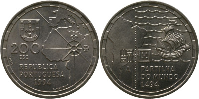 Португалия 200 эскудо 1994 INCM, 500 лет с момента разделения зон влияния между Португалией и Испанией KM 672 медно-никель aUNC 00-00