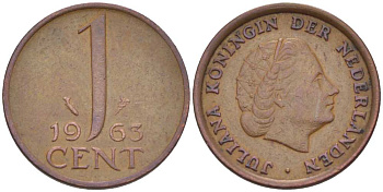 Нидерланды 1 цент 1963 Юлиана (1948-1980) KM 180 бронза 3955-125