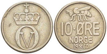 Норвегия 10 эре 1960 пчела, Улаф V (1958-1991) KM 411 медно-никель 211-1213