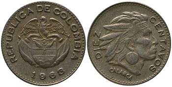 Колумбия 10 сентаво 1963 KM 212.2, Restrepo 380.11 медно-никель 4576-1043