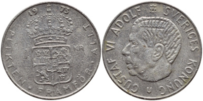 Швеция 1 крона 1973 Густав VI Адольф (1950-1973) KM 826а медь плакированная медно-никелем 4395-246