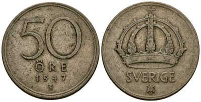 Швеция 50 эре 1947 Густав V (1907-1950) KM 817 серебро 4177-927