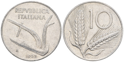 Италия 10 лир 1953 R, плуг, колосья KM 93 алюминий 259-124