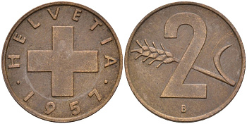 Швейцария 2 раппена 1957 В KM 47 бронза 4591-1135