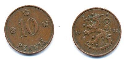 Финляндия 10 пенни 1929 республика (1918-1962) KM 24 медь 46-1655