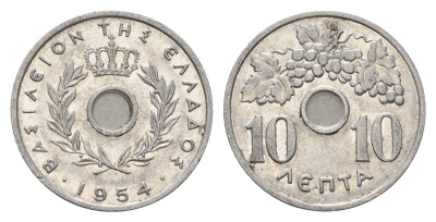 Греция 10 лепт 1954 Павел I (1947-1964), виноградная лоза KM 78 алюминий 4668-1044