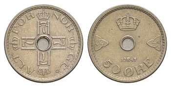 Норвегия 50 эре 1947 Хокон VII (1905-1957) KM 386 медно-никель aUNC 4635-414