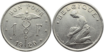 БЕЛЬГИЯ 1 ФРАНК 1929 BELGIQUE KM 89 никель 23-947