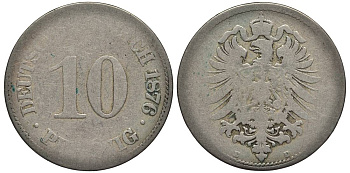 ГЕРМАНИЯ 10 ПФЕННИГОВ 1876 E, СТАРОГЕРБОВКА KM 4, Jager 4, Weege 7 медно-никель 4546-1135