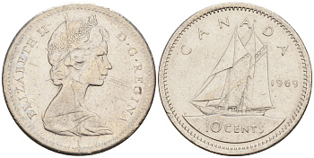 Канада 10 центов 1969 парусник KM 77.1 никель    4115-263