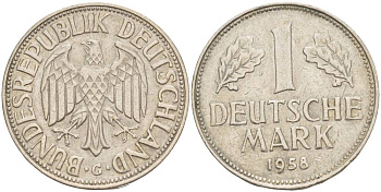 ФРГ 1 МАРКА 1958 G KM 110, J. 385 медно-никель 4551-1235