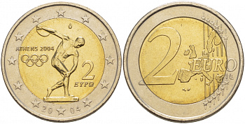 Греция 2 евро 2004 XXVIII летние Олимпийские игры в Афинах 2004 года, дискобол KM 209 биметалл UNC 1094-6-44