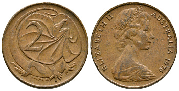 Австралия 2 цента 1976 Елизавета II (1952-2022), плащеносная ящерица (FRILLED LIZARD)  KM 63 бронза 23-1333