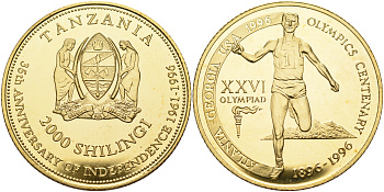 Танзания 2000 шиллингов 1996 XXVI Олимпийские игры 1996 года в Атланте, 100 лет Олимпийскому движению, финиш пробник, рубчатый гурт латунь PROOF 06-156-23