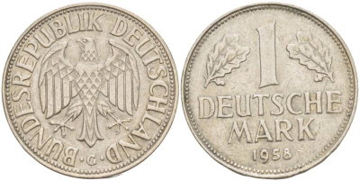 ФРГ 1 МАРКА 1958 G KM 110, J. 385 медно-никель 4551-1235