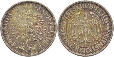 Германия 5 рейхсмарок 1930 А, дуб, Веймарская республика Weege 21, J. 331, KM 56 серебро 00-820-12