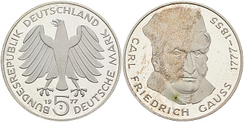 ФРГ 5 МАРОК 1977 J, 200 ЛЕТ СО ДНЯ РОЖДЕНИЯ КАРЛА ФРИДРИХА ГАУССА KM 145, J. 420 серебро PROOF 02-230-41