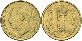 Люксембург 5 франков 1987 Великий герцог Жан (1964-1999) KM 60 алюминиевая бронза 4150-931