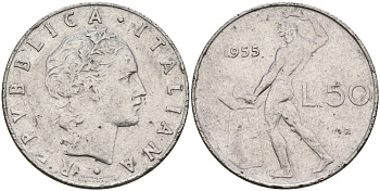 Италия 50 лир 1955 R, бог огня Вулкан у наковальни KM 95.1 нержавеющая сталь 4171-1012