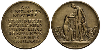 Германия медаль 1923 гиперинфляция, цены на продукты 1 ого ноября в Саксонии, 9,65 гр, 32 мм бронза 413-2932