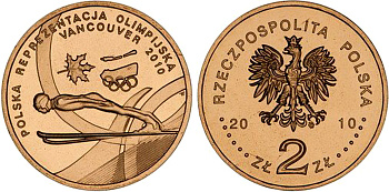 Польша 2 злотых 2010 MW, XXI Зимние Олимпийские игры в Ванкувере 2010 года, польская сборная KM 715 нордик UNC 4676-637
