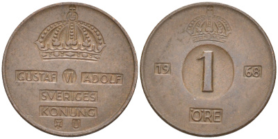 Швеция 1 эре 1968 U, Густав VI Адольф (1950-1973) KM 820 бронза 112-332