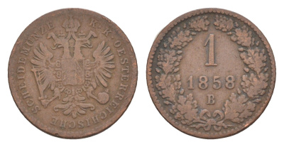 Австрия 1 крейцер 1858 B, Франц Иосиф I (1848-1916) KM 2186 медь 4639-163