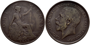 Великобритания 1 пенни 1912 Георг V (1910-1936) KM 810, Spink 4051 бронза 51-4725