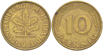 ФРГ 10 пфеннигов 1981 D KM 108, J. 383 сталь плакированная латунью 62-931