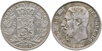Бельгия 5 франков 1870 Леопольд II (1865-1909) KM 24 серебро 413-3625