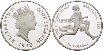 Острова Кука 50 долларов 1990 XXV летние Олимпийские игры 1992 года в Барселоне, бег KM 112 серебро PROOF 04-302-31