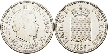 Монако 10 франков 1966 100 лет восхождению на престол Карла III KM 146 серебро UNC 1525-1325