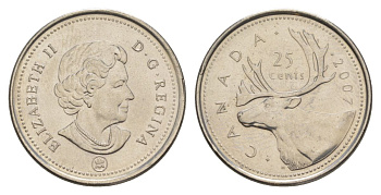 Канада 25 центов 2007 Leaf, Елизавета II (1952-2022), олень KM 2296 сталь плакированная никелем UNC 4631-724