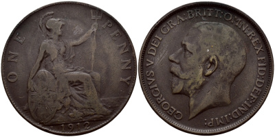 Великобритания 1 пенни 1912 Георг V (1910-1936) KM 810, Spink 4051 бронза 51-4725