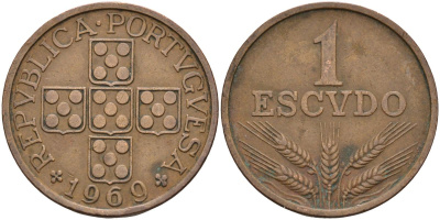Португалия 1 эскудо 1969 первый год KM 597 бронза 4126-557