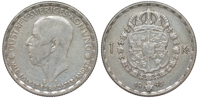 Швеция 1 крона 1942 G, Густав V (1907-1950) KM 814 серебро 4178-656
