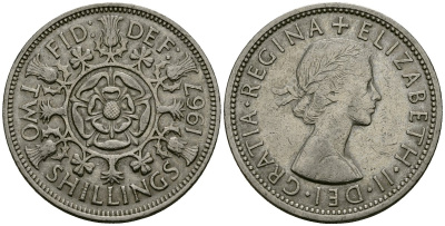 Великобритания 2 шиллинга (флорин) 1967 Елизавета II (1952-2022) KM 906, Spink 4146 медно-никель 4120-823