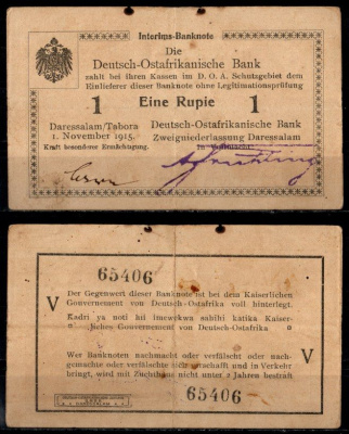 Германская Восточная Африка 1 рупия 1915 Pick 9A b (8) бумага 8564-37-2-1